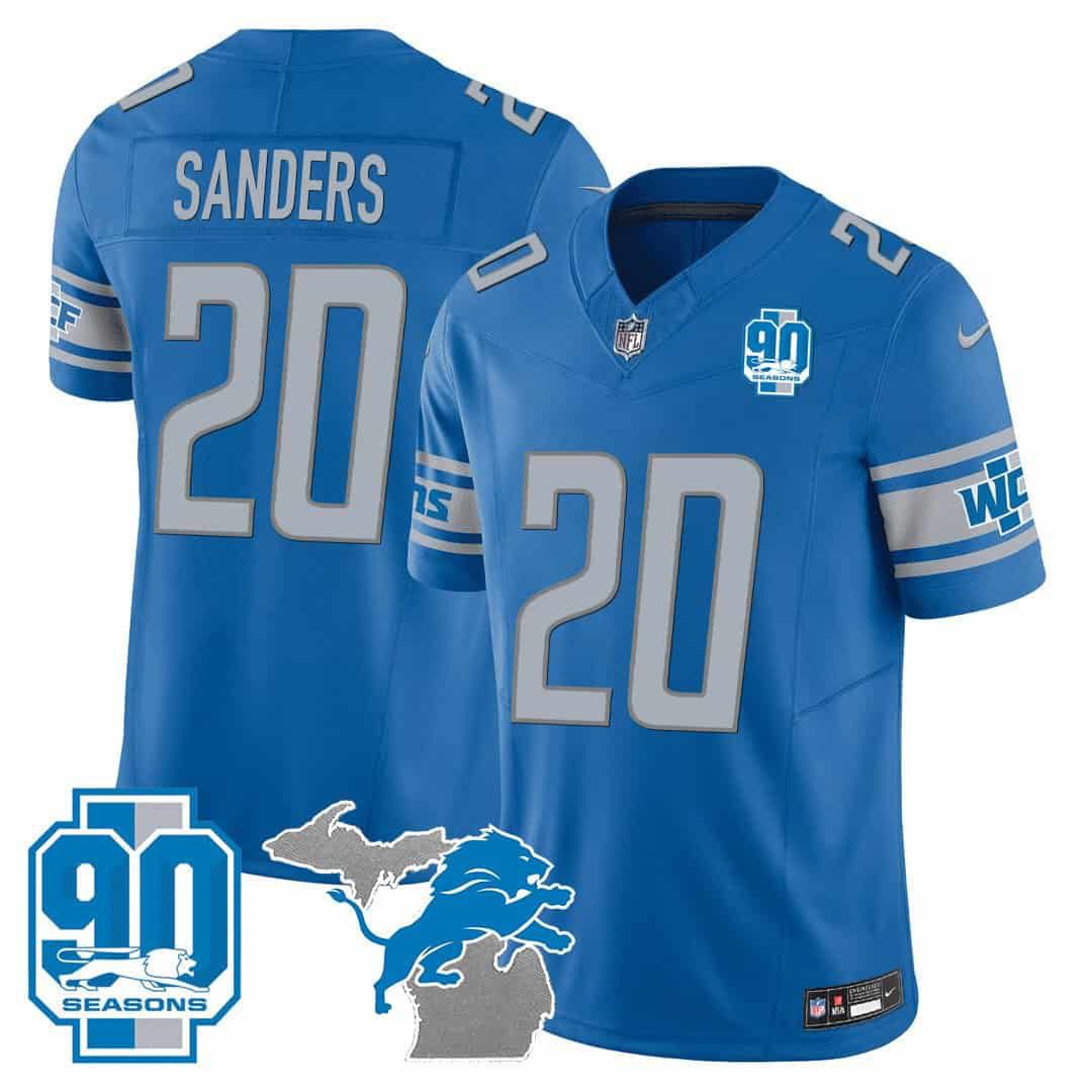 Men Detroit Lions #20 Sanders Blue 2024 Nike 90th Year Michigan Patch Vapor NFL Jersey style 1